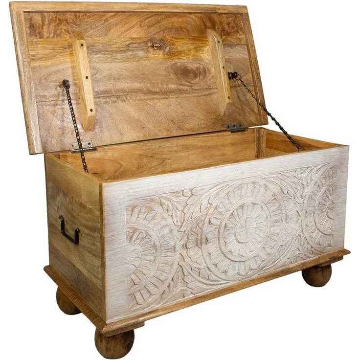 Oriental Galerie Truhe Indische Truhe Schnitzerei natur weiß 80 cm, Holztruhe, Couchtisch, Shabby Chic – Bild 3