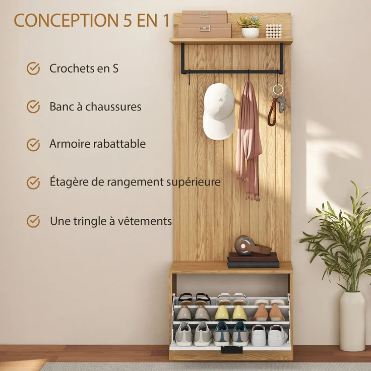 MELAYR, 5-in-1-Eingangsbereichmöbel: Garderobenständer, klappbare Schuhbank, Ablage und 4 Haken, 60 x 30 x 170 cm, Eiche – Bild 6