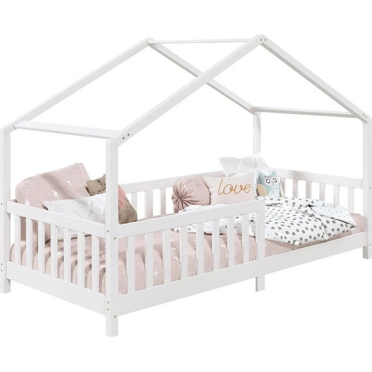 IDIMEX Hausbett LISAN aus massiver Kiefer in weiß, schönes Montessori Bett in 90x200 cm, stabiles Indianerbett mit Rausfallschutz und Dach – Bild 2