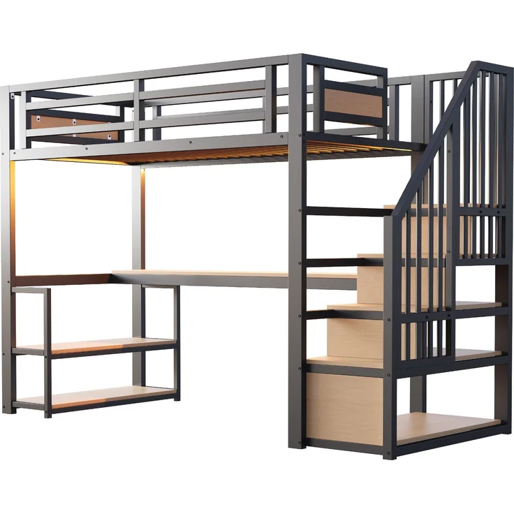 EINHOM 90 x 200 Cmmetall-Hochbett, mit LED-Lichtleiste und Ladeanschluss, mit Aufbewahrungsleiter, Regalen und Tisch, Sicherheitszaun-Design, Hohes Eisenrahmenbett mit Metallrahmen für Stabile Unterstützung, Schwarz (Ohne Matratze) – Bild 7