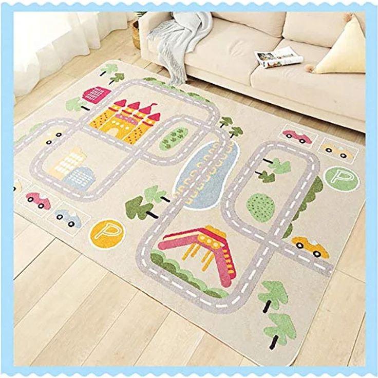 TYKTZXY Kinderteppich Spielen Teppich Straße Auto Tier Universum Blau Grün Grau(80×120cm,31×47inch) – Bild 7