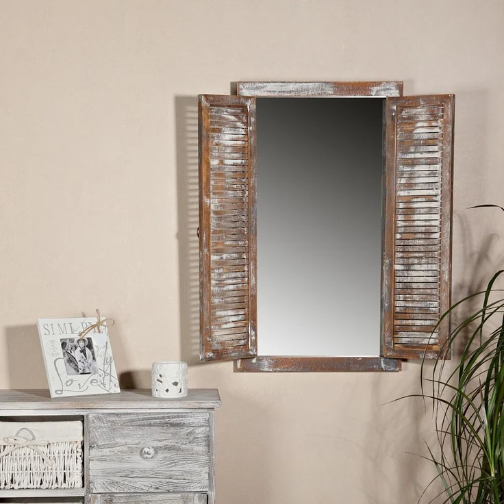 Wandspiegel quadratisch Braun Bilderrahmen Fensterladen Fotorahmen Flur Holzdeko – Bild 2