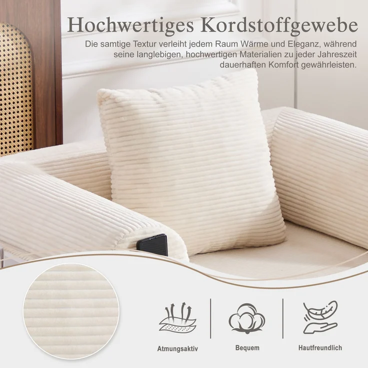 LVHOM 3-in-1 Schlafsessel, Klappsofa mit Schlaffunktion, Einzelschlafsofa mit Seitentaschen und Kissen, Polstersofa aus Cordstoff, frei Kombination, Beige – Bild 9