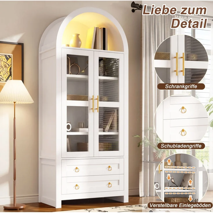 Standvitrine 76 x 40 x 180 cm mit Glastüren, LED-Beleuchtung und 2 Schubladen – Bild 7