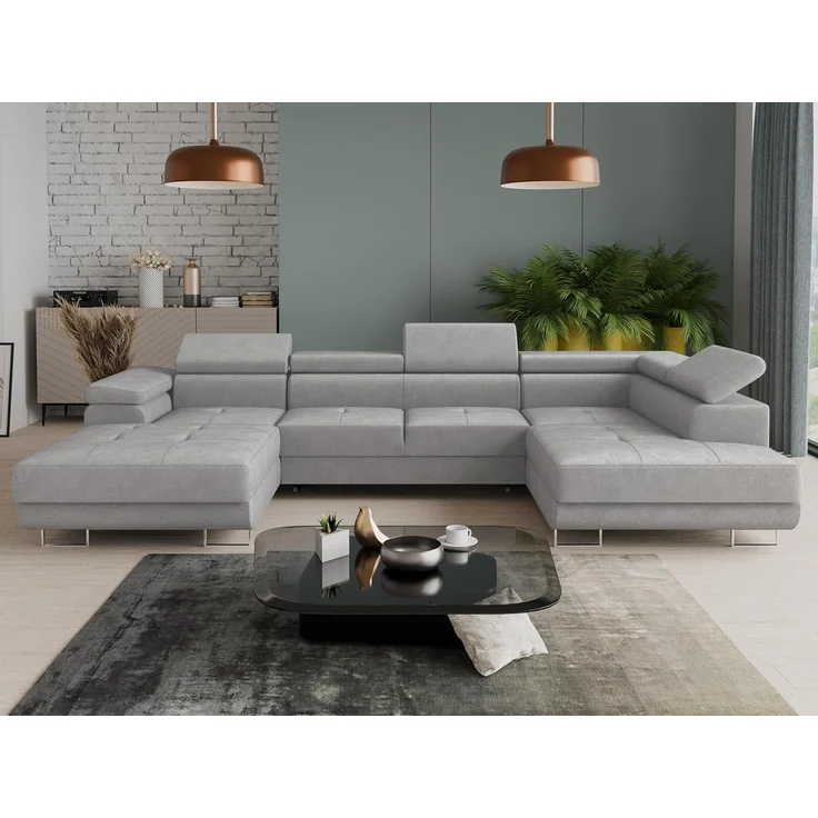 Wohnlandschaft Caris U mit Schlaffunktion, einstellbare Kopfstützen und zwei Bettkästen (Grau (Paros 05), Ecksofa Links) – Bild 2