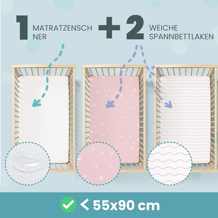 2X Spannbettlaken aus 100% Baumwolle mit Gummiband - 1X Matratzenschoner aus 100% wasserdichtem Material - 3er-Set - 55x90 cm - Rosa – Bild 2