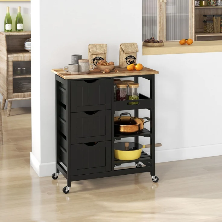 Wohnora-Küchenwagen mit Rollen, Holzarbeitsplatte, 3 Schubladen und 1 herausnehmbarem Tablett, 67 x 37 x 85,5 cm, schwarz,H 855cm x T 670cm x B 370cm – Bild 2
