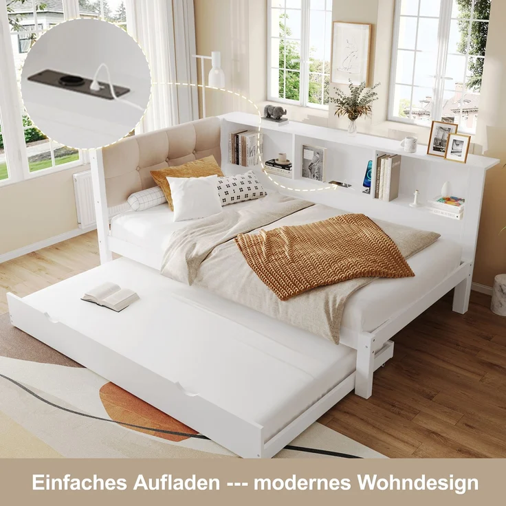 Merax Daybett, Tagesbett, Schlafsofa, 90x200cm, Einzelbett(Ohne Matratze), mit ausziehbarem Bett, mit dimmbarer LED-Leiste, mit praktischem Regal, mit USB-Anschluss, 90x200cm, Kiefernholz, Weiß – Bild 5