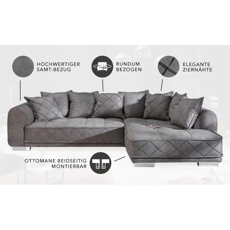 riess-ambiente Ecksofa DECADENCIA 320cm silbergrau · XXL Couch aus Samt inkl. 8 Kissen, Einzelartikel 1 Teile, Big-Sofa in L-Form · Ottomane beidseitig montierbar · Modern Design – Bild 5