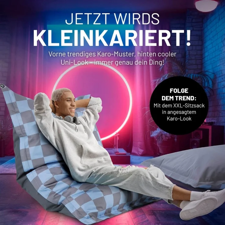Lumaland 'Karo' Sitzsack XXL für Outdoor & Indoor, Polyester, Blau/Grau, 380 l – Bild 4