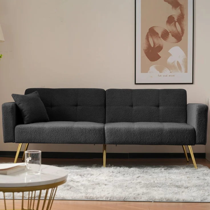 Schlafsofa mit Lammwollbezug, hochdichte Schaumstoffkissen, Rückenlehne neigbar bis 180°, vergoldete Beine, dunkelgrau – Bild 2