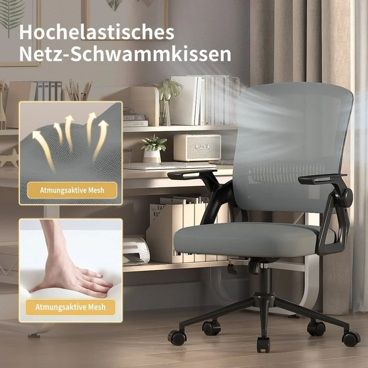 ZAISZE Bürostuhl Ergonomischer Bürostuhl mit Mesh-Rückenlehne und Lendenstütze (Verstellbarer Armlehnen, Atmungsaktiv, Höhenverstellbarer Schreibtischstuhl mit 90° Klappbaren Armlehnen), Verlängerte und Verbreiterte Rückenlehne, Drehstuhl fürs Homeoffice – Bild 2