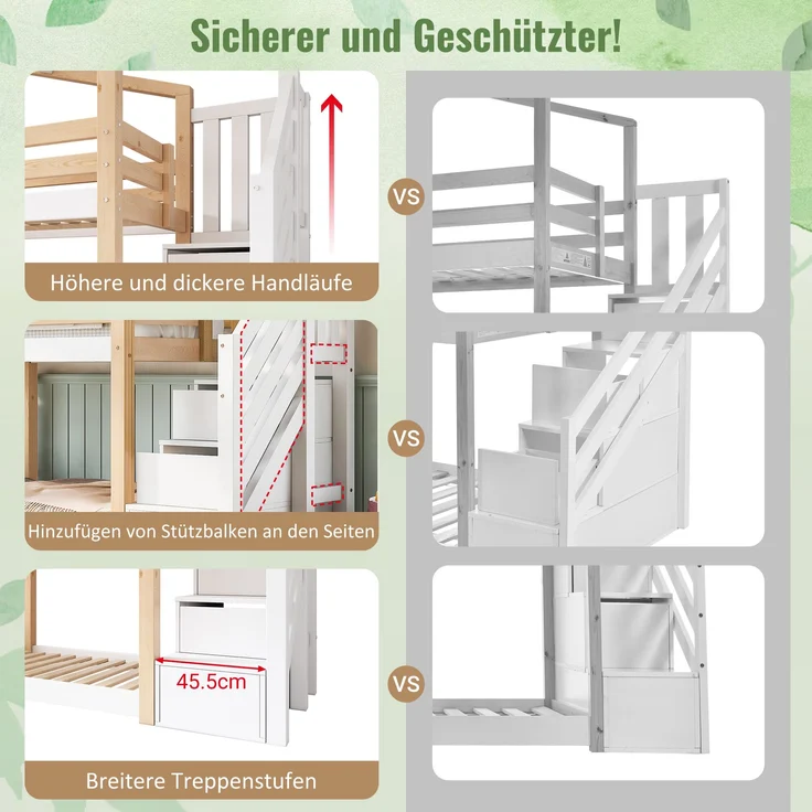 Kinder-Etagenbett Massivholz, Baumhaus-Design mit Schubladentreppe, 90x200 cm, Natur & Weiß, ohne Matratze – Bild 6