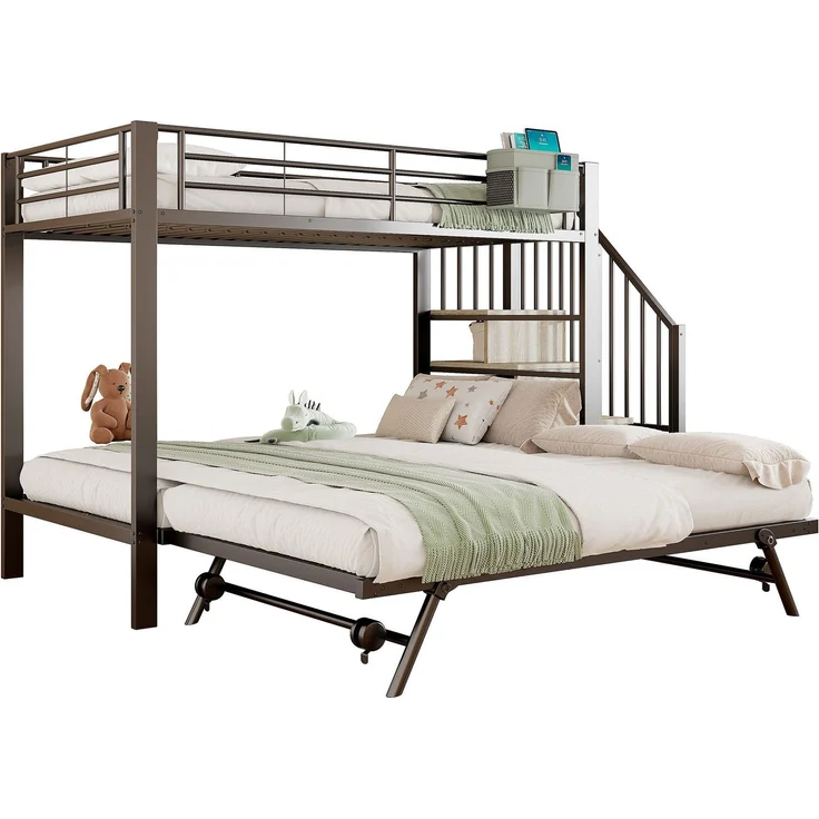 Etagenbett, 90x200cm/180x200cm, untere Liegefläche erweiterbar, Treppe mit Regal, Kinderbett mit Rausfallschutz, Metallbett – Bild 1