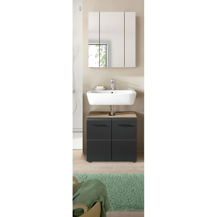 Badkombination (B/H/T: 60x185x30 cm) in schwarz matt und Nox Oak Nachbildung – Bild 6