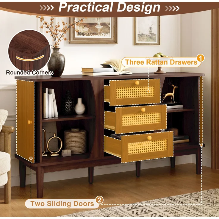 Sideboard 141 x 40 x 77 cm aus MDF mit Rattanschubladen und Schiebetüren – Bild 5
