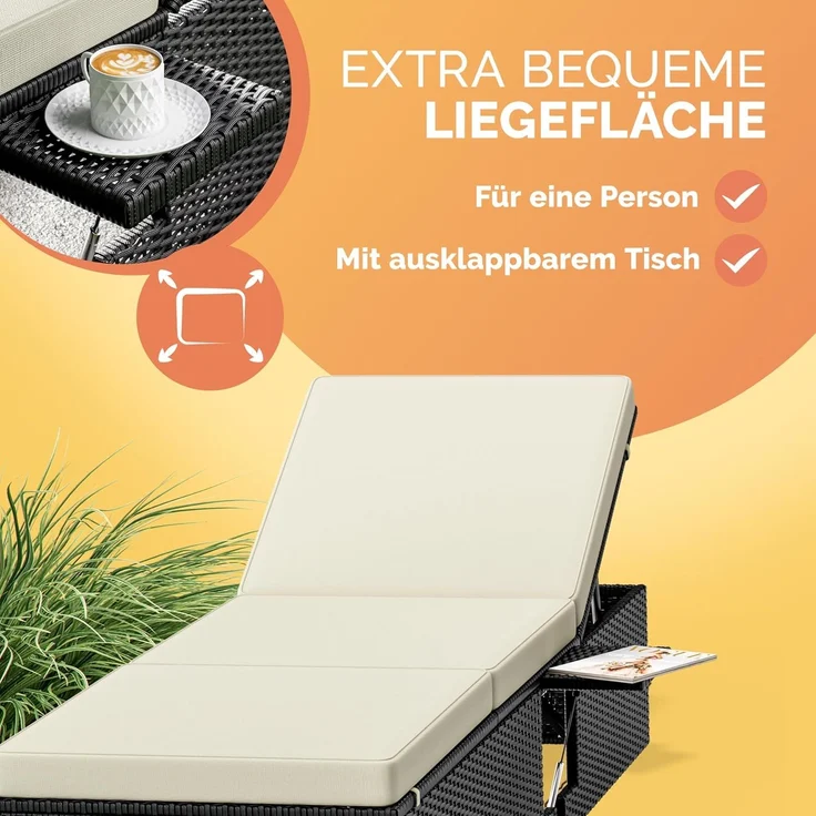 Casaria Gartenliege mit Klapptisch, wetterfest, 7-fach höhenverstellbar, Polyrattan schwarz / creme, 200 x 58 x 33 cm – Bild 6
