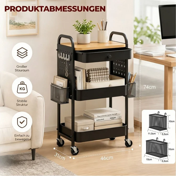 GLIESE Beistellwagen Vielseitiger Küchenwagen, Servierwagen, für Küche, Büro, Wohnzimmer, 2 Hängekörben, 4 Haken, 2 Lochplatten,1 Schublade, Bremsrollen, Griff – Bild 2