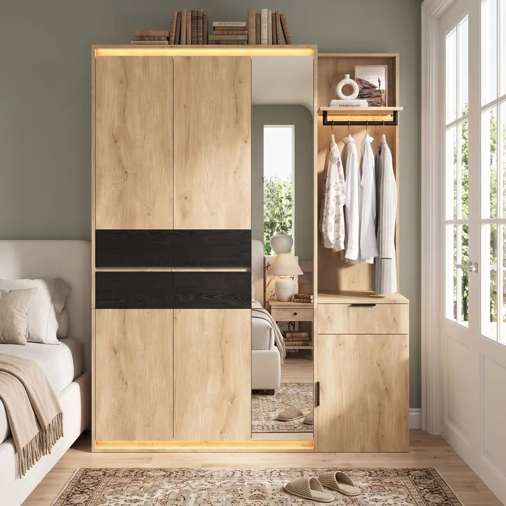 Kleiderschrank, Garderoben-Set Garderobe, mit LED-Beleuchtung und Spiegel, 155 x 47 x 200 cm, Eingangsgarderobe, mit 3 Kleiderstangen, 5 Schubladen and 3 LED-Beleuchtung, Anthrazit-eiche--Holz--155x47x200cm--YOUDENOVA