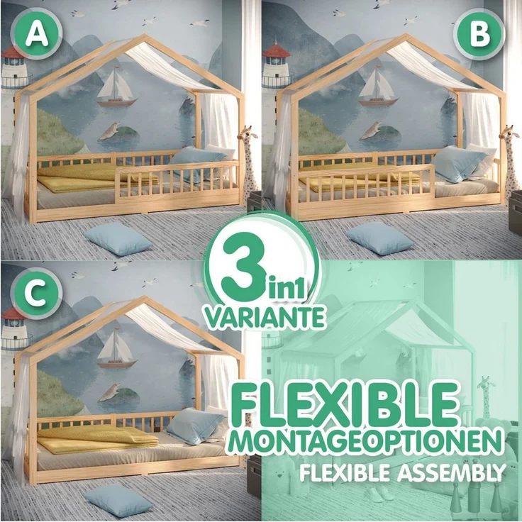 CADANI Kinderbett Malte Hausbett Bodenbett - Rausfallschutz abnehmbar - bis 200 kg (90x200 cm, Montessori Kinder- & Jugendbett aus Kiefer Massivholz), inkl. stabilem Roll-Lattenrost, langfristig nutzbar, Natur – Bild 3