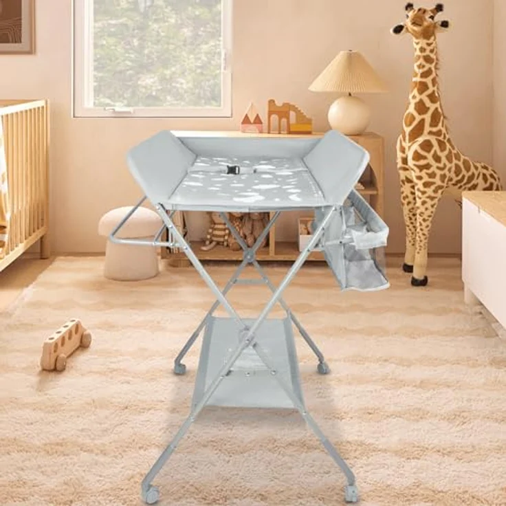 mobiler Wickeltisch mit Wickelaufsatz, Wickelkommode klappbar höhenverstellbar, Wickelkombi mit Sicherheitsgurt Aufbewahrungskorb Kleiderstange-80 * 58 * 90 cm-hellgrau – Bild 9