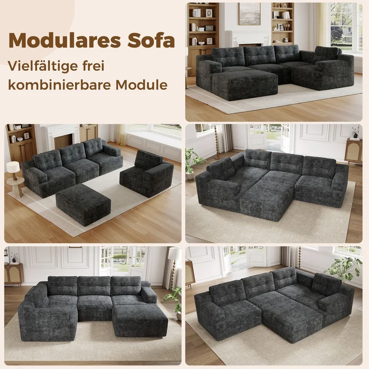 Ecksofa 252 x 180 x 82 cm in Grau, modulares 5-Sitzer-Sofa aus Chenille mit Hocker und rahmenlosem Vollschaumkomfort – Bild 8