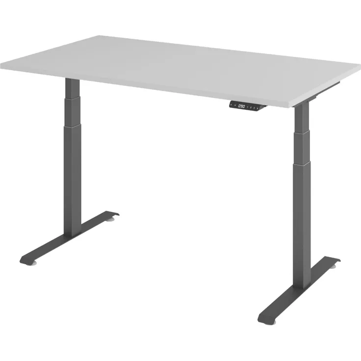 bümö höhenverstellbarer Schreibtisch 140x80 cm in grau, Gestell: graphit - Stehschreibtisch mit 3-fach Speicher elektrisch höhenverstellbar, Computertisch, Ergonomischer Bürotisch, LXK65-14-5-G