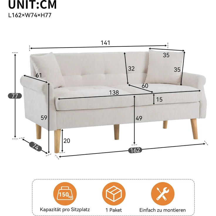 Sofa aus Chenille 2-Sitzer mit Massivholzfüßen, ergonomischem Design & 15 cm dickem Sitzkissen,Beige – Bild 7