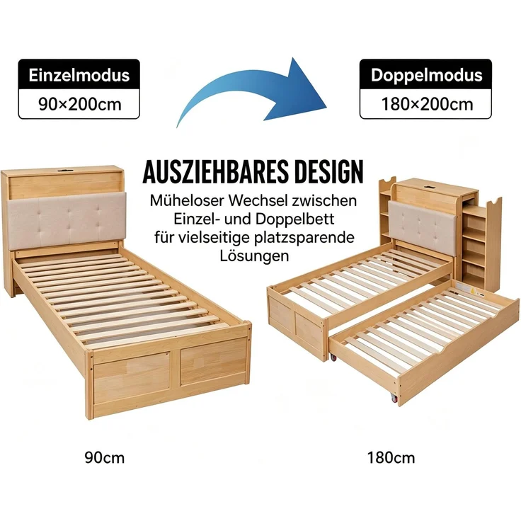 Abrihome Ausziehbett 90x200 bis 180x200 cm, Massivholz & MDF, Einzel-/Doppelbett, Rollen, Natur – Bild 4