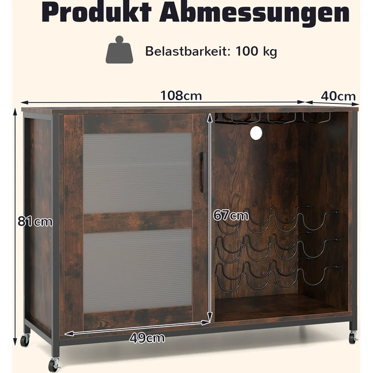 Barschrank mit LED-Beleuchtung & Fernbedienung Weinschrank mit verstellbaren Regalen Rustikal Braun – Bild 2