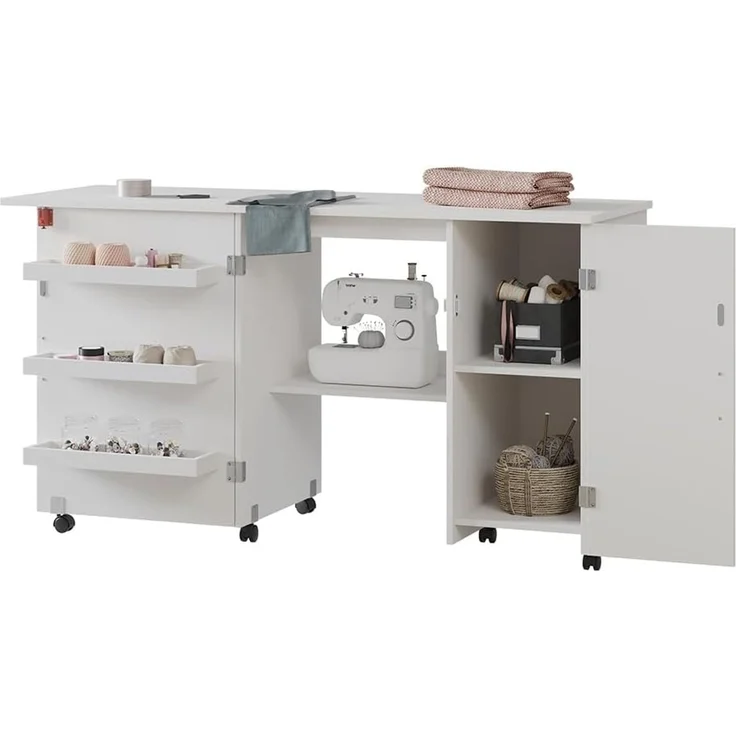 Nähtisch Carmen Weiß 148 x 75 cm mit 3 Regalfächer und Schrank Vicco – Bild 6