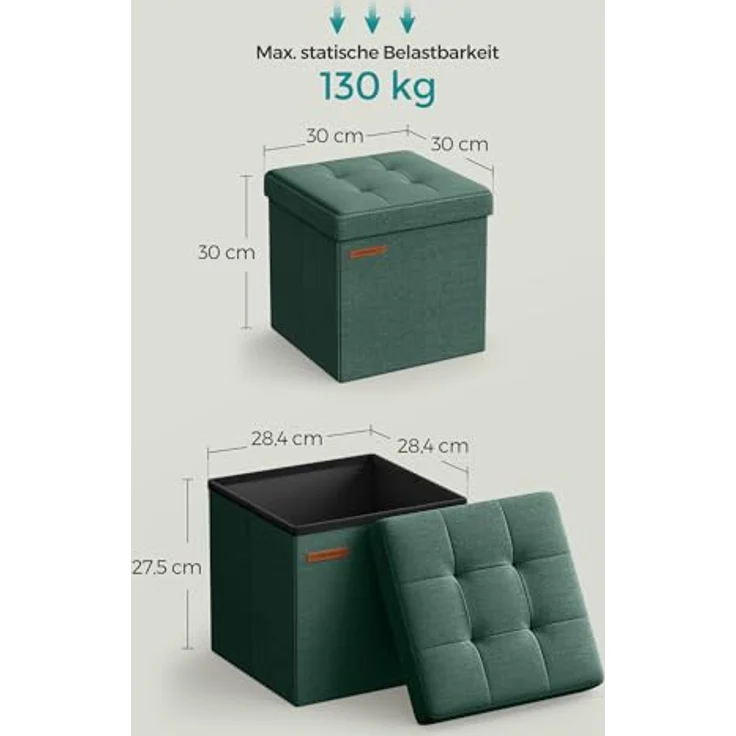 Songmics Sitzhocker mit Stauraum, kleine klappbare Sitzbank, 30x30 cm Fußbank, Aufbewahrungsbox, bis 130 kg belastbar, für Wohnzimmer Schlafzimmer Schlafsaal, vintagegrün LSF028C01 – Bild 4