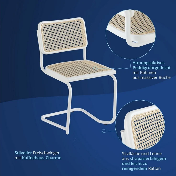 KHG Freischwinger Esszimmerstuhl Metallgestell Weiß, Rattaneflecht, Made in Italy, Rattangeflecht, Buchenrahmen, Freischwinger – Bild 3