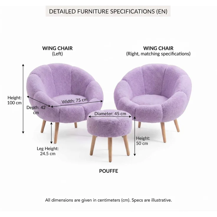 Hanah Home Elegantes Ohrensessel- und Hocker-Set (3-teilig), Flieder, 100% Wellssoft-Gewebe, Beine aus 100% Esche | Moderner Komfort & Stil – Bild 3