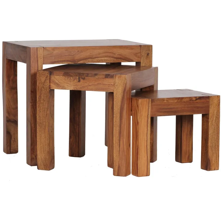 Wohnling 3er Set Satztisch Massiv-Holz Sheesham Wohnzimmer-Tisch