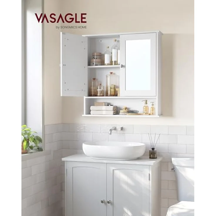 VASAGLE Spiegelschrank, Badschrank, Wandschrank, Hängeschrank mit 2 Spiegeltüren und offenem Fach, verstellbare Ablage, Wandmontage, 15 x 65 x 75 cm, weiß LHC012W01 – Bild 3