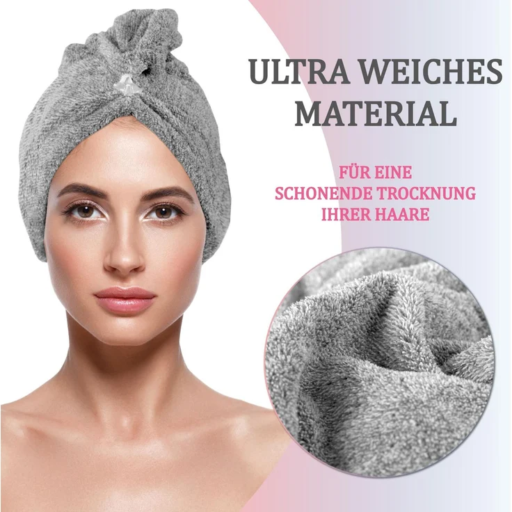 Haarturban ( Grau ) Cozy mit Knopf - 25x65cm ( One SIze ) Superweich Flauschig - Saugstark, Handtuch Haare Turban Haarhandtuch Schnelltrocknend – Bild 3