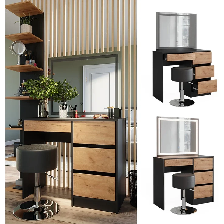 Schminktisch Sherry Anthrazit/Goldkraft Eiche 90 x 75 cm mit LED-Spiegel und Hocker Vicco – Bild 2