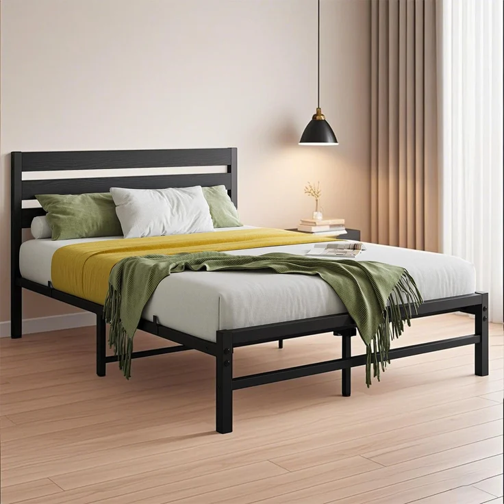 Metallbett 90x200 cm mit MDF-Kopfteil, Lattenrost und 15 cm Matratze, Schwarz – Bild 6