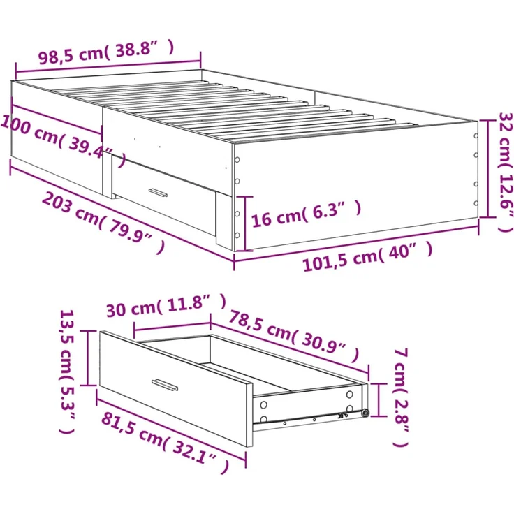 vidaXL Bettgestell mit Schubladen Grau Sonoma 100x200 cm Holzwerkstoff 3280424 – Bild 10