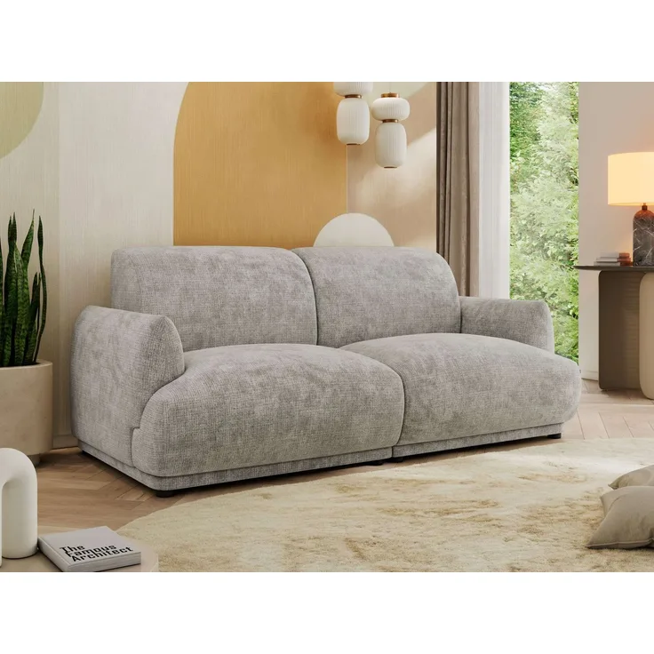 Modernes Design Sofa PUNTA 206 cm 3-Sitzer HR-Schaum Rückenlehne, Wellenfederung, Massivholzrahmen, Sofa mit Armlehnen - Hellgrau Schenille grob gewebt