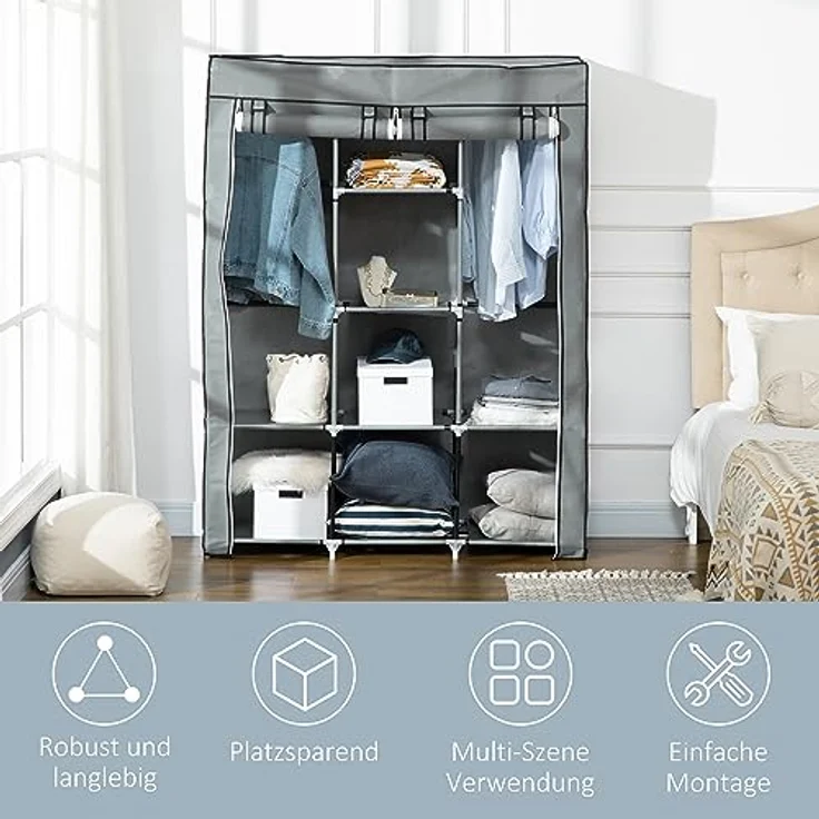 HOMCOM Stoffschrank Faltschrank, Faltbare Garderobe aus Vliesstoff (Kleiderschrank, 1-St, Tücherschrank) Hellgrau, 125 x 43 x 162,5 cm – Bild 6