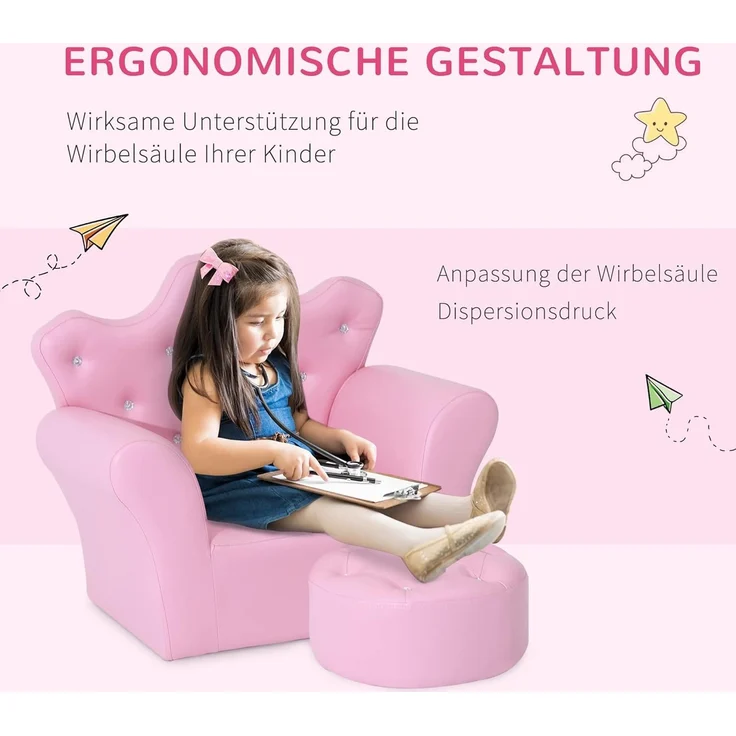 HOMCOM Sessel Kindersofa mit Ottomane Prinzessinnen (Prinzessinnen Sofa, 1-St, Kindersofa), Rosa 58 x 40.5 x 49 cm – Bild 7