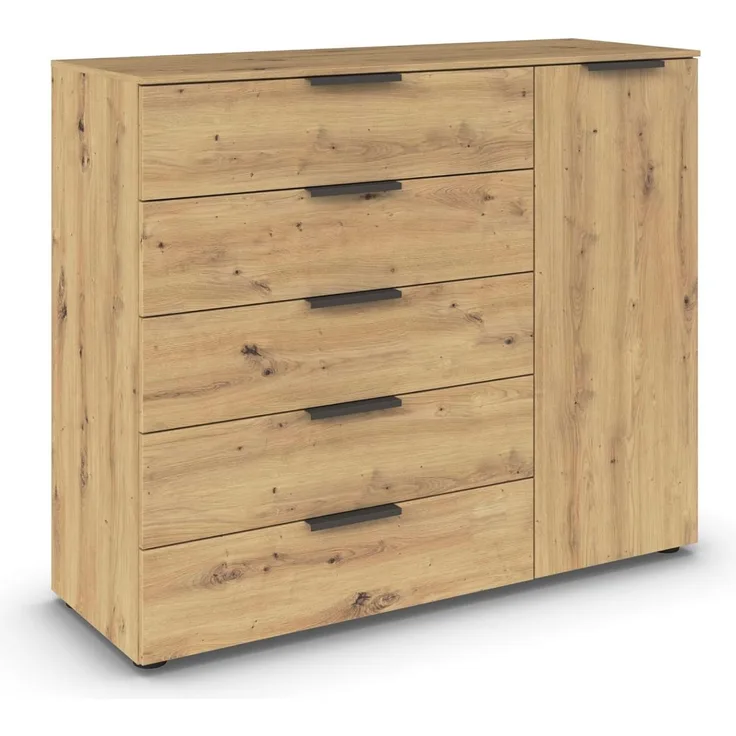 Rauch Möbel Flipp, Kombikommode, Kommode mit Stauraum für Wohnzimmer, Schlafzimmer, Flur, 2 Fachböden, Eiche Artisan, 1-türig, 5 Schubkästen, Griffe graphit, 120 x 100 x 42 cm