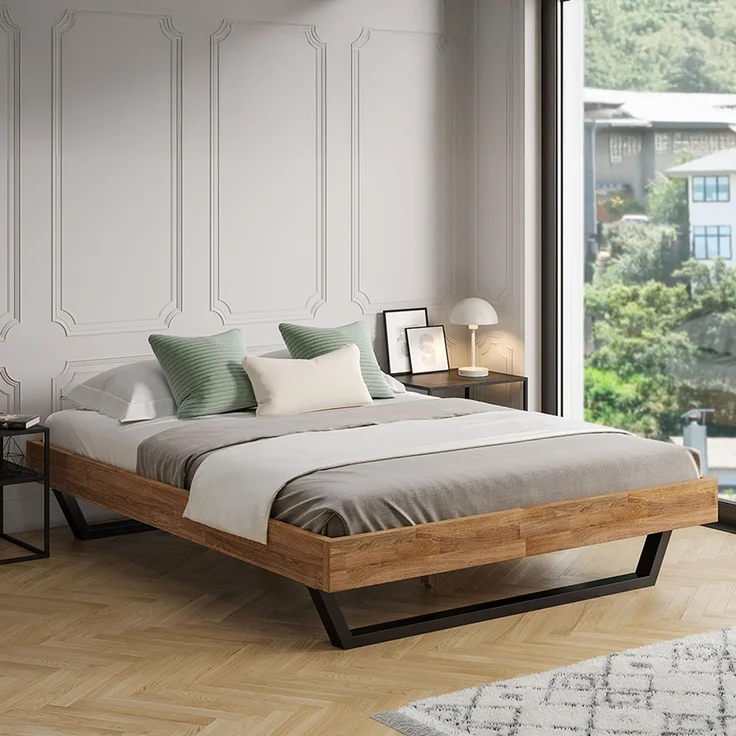 skølm 'Alver' Bett 160x200 cm, Bettgestell, natur geölt, Massivholzbett aus Eiche mit Metallkufen, Doppelbett ohne Bettkopf – Bild 1
