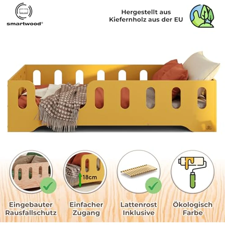 smartwood Kinderbett Bodenbett 90x190 mit Rausfallschutz & Lattenrost - Senfgelb - Kinder Montessori Bett TILA 2L mit glatten Kanten - Betten für schnelle Montage - Bis 230 kg belastbar – Bild 4