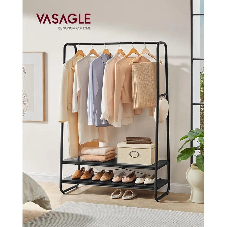 VASAGLE Kleiderständer, Garderobenständer, Garderobe, 2 Ablagen, 6 Haken in S-Form, Stahlgestell, für Schlafzimmer, Flur, Eingangsbereich, ebenholzschwarz-mattschwarz RGR112B03 – Bild 2