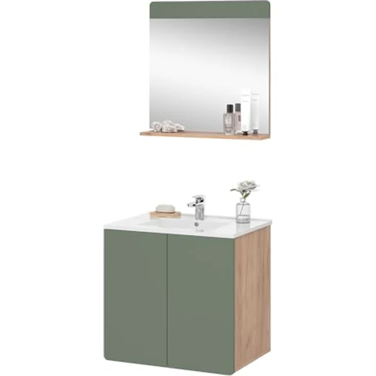 Vichy Badmöbel-Set Izan, 3 Teile in Goldkraft Eiche/Grün mit Spiegelschrank und Beleuchtung – Bild 6
