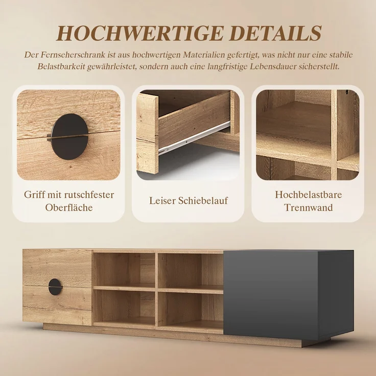 Fernsehtisch, Holzwerkstoff mit LED & Schublade, 180x38,5x47 cm, Schwarz/Natur – Bild 8