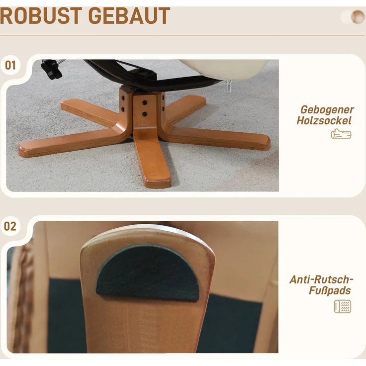 HOMCOM Relaxsessel mit Hocker, Kunstleder, Holz, Cremeweiß, 71L x 84B x 102H cm – Bild 7